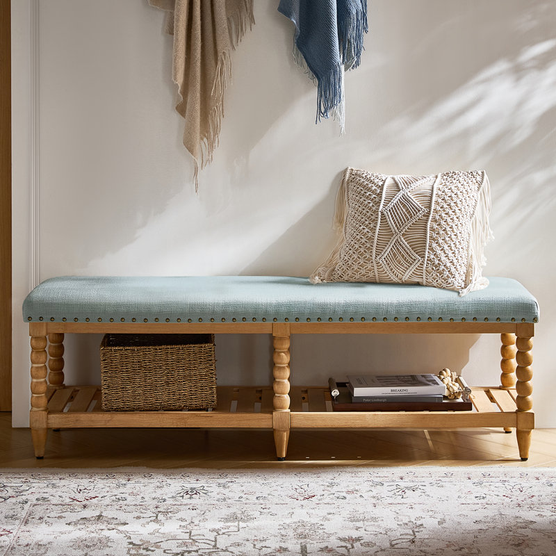 Delfina Farmhouse Solid Wood Open Storage Bench With Nailhead Trim, Blue