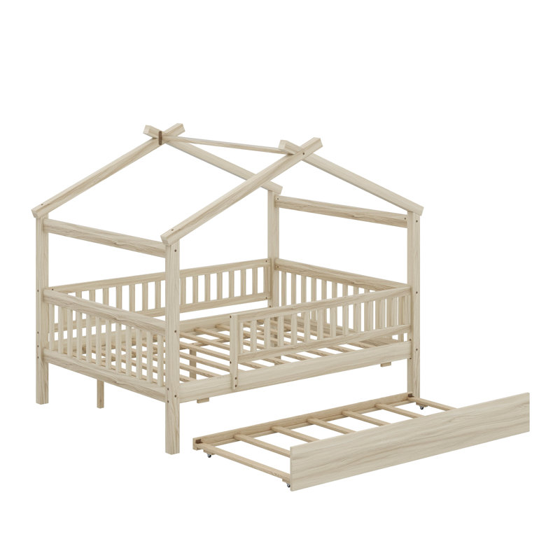 Wooden House Bed With Trundle, Natural, Full