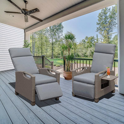 Outdoor Recliner Chair, Patio Recliner With Hand-Woven Wicker, Flip Table Push Back, Adjustable Angle, Thickness Cushions, Reclining Lounge Chair For Indoor And Outdoor, Gray