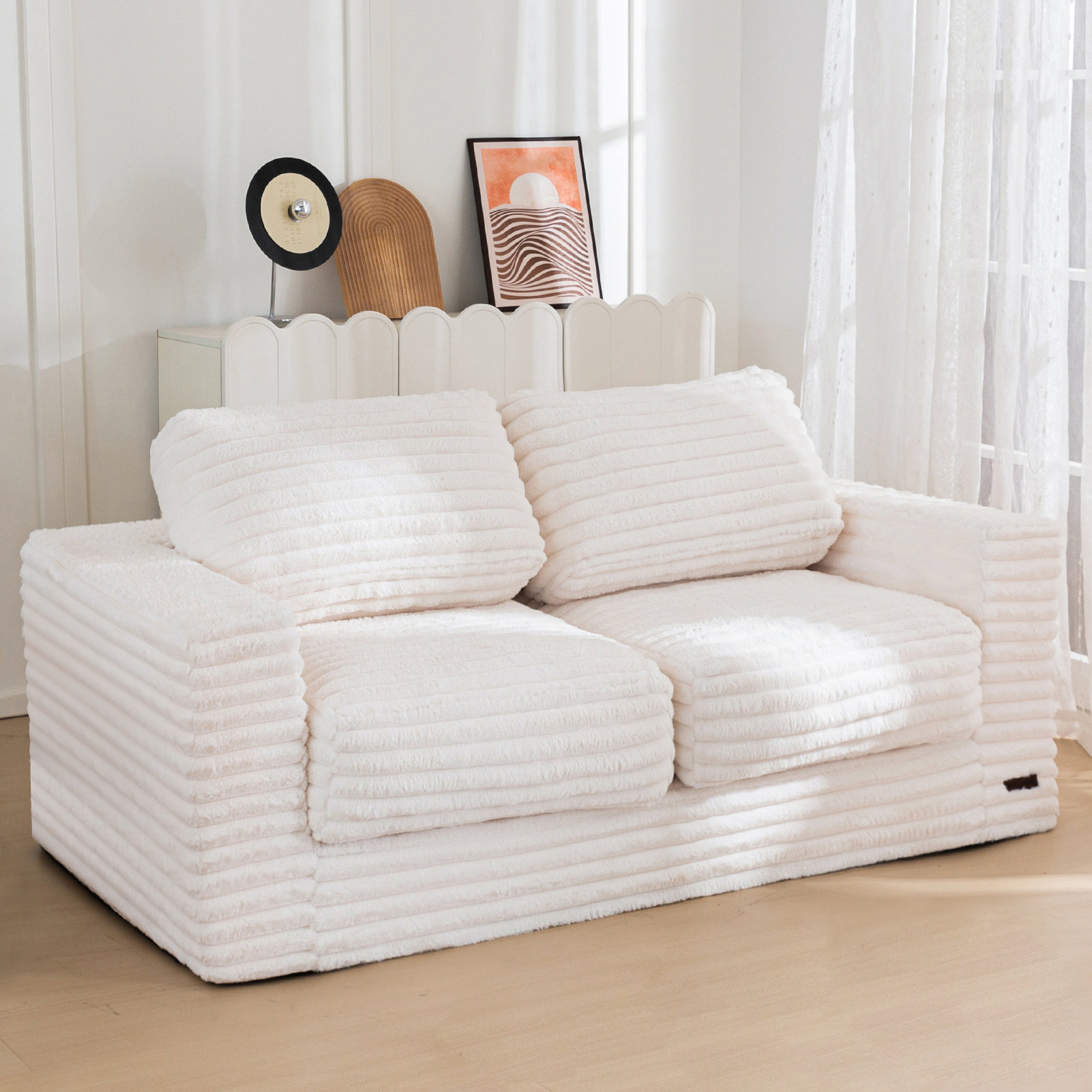 62" Bean Bag Sofa Faux Fur Upholstered Loveseat Floor Sofa With Pillows