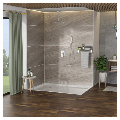 Système de douche de pluie carré à fixation au plafond 10 po avec douchette à main, valve brute à pression équilibrée, acier inoxydable à finition chromée