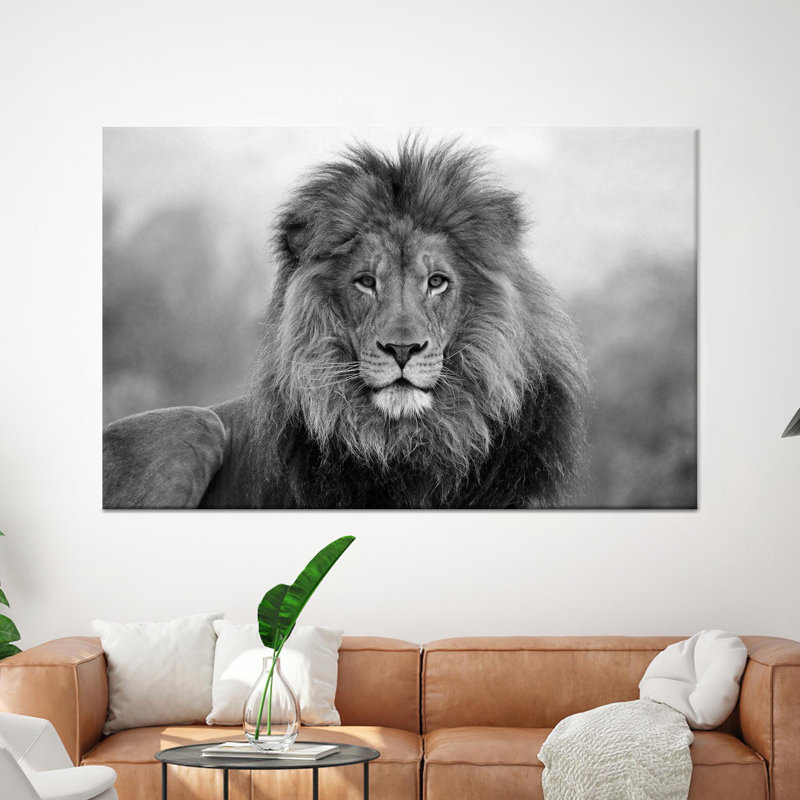 Lion, art mural en verre: grand animal sauvage, toile dorée encadrée 1P, 47,3 po H x 102,4 po l
