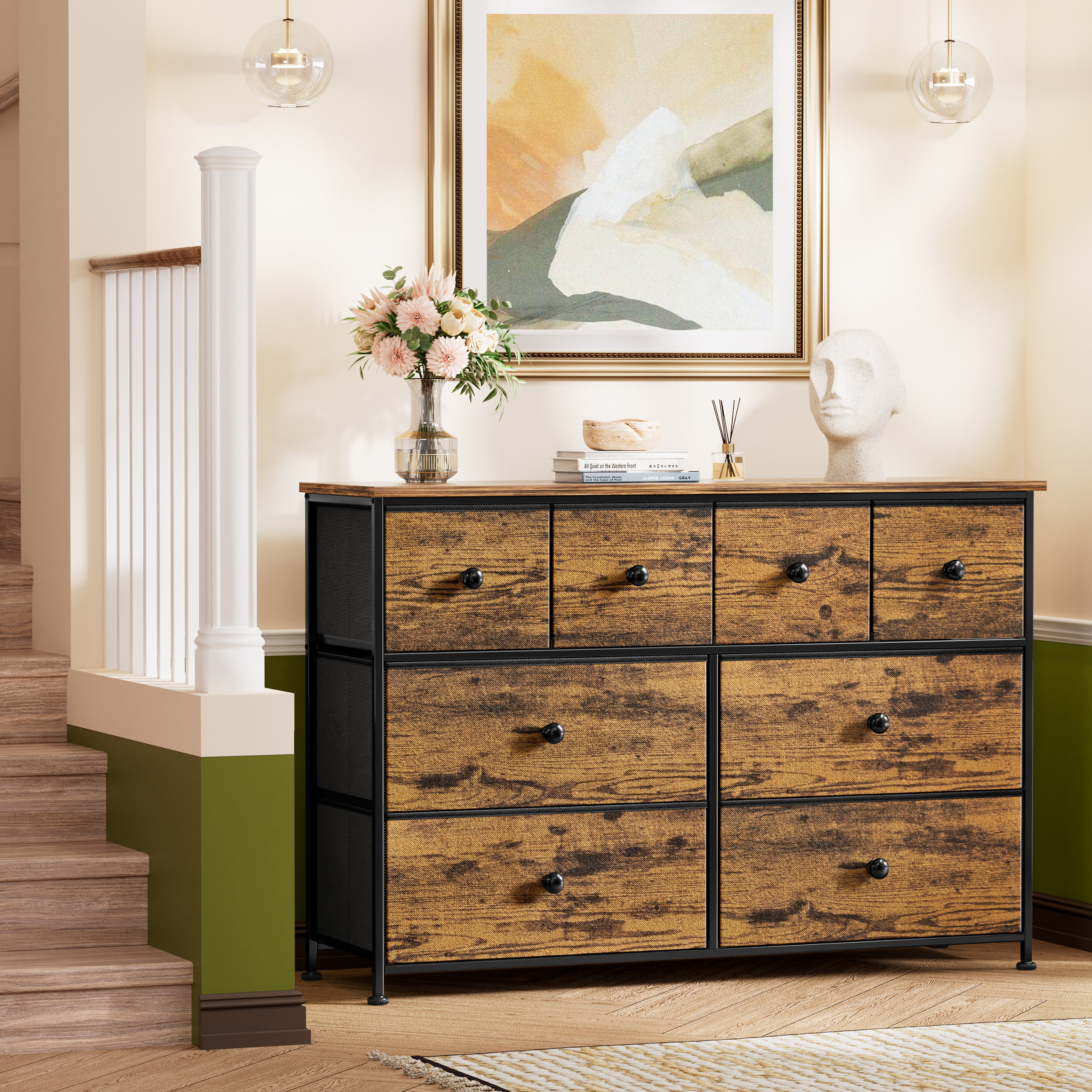 mDesign 4-Drawer Tall Fabric Dresser with Wood Handles