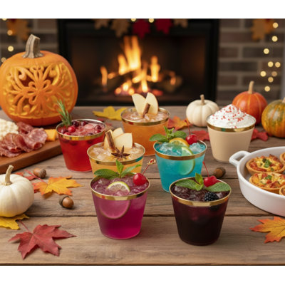 110 Pack - 9oz. Clear Plastic Disposable Cups, Gold Foil Trim - 1 Line