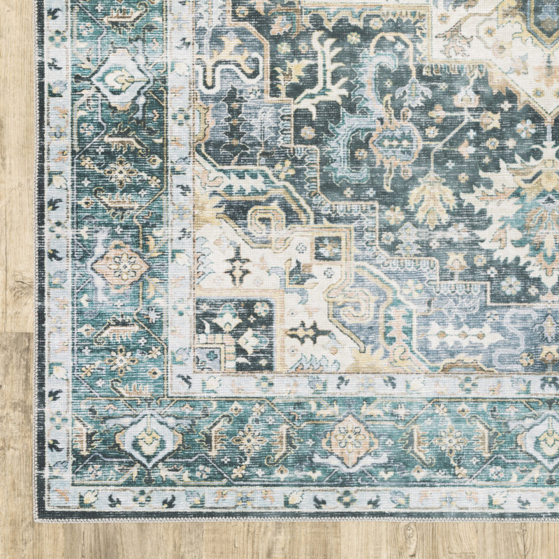 Tapis oriental antidérapant bleu / ivoire lavable à la machine Housel, Tapis de couloir 2 pi x 8 pi