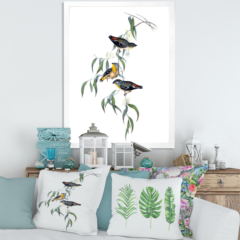 Vie d'oiseau rétro III - peinture sur toile, H 20 po x l 12 po x P 1po, Cadre photo blanc
