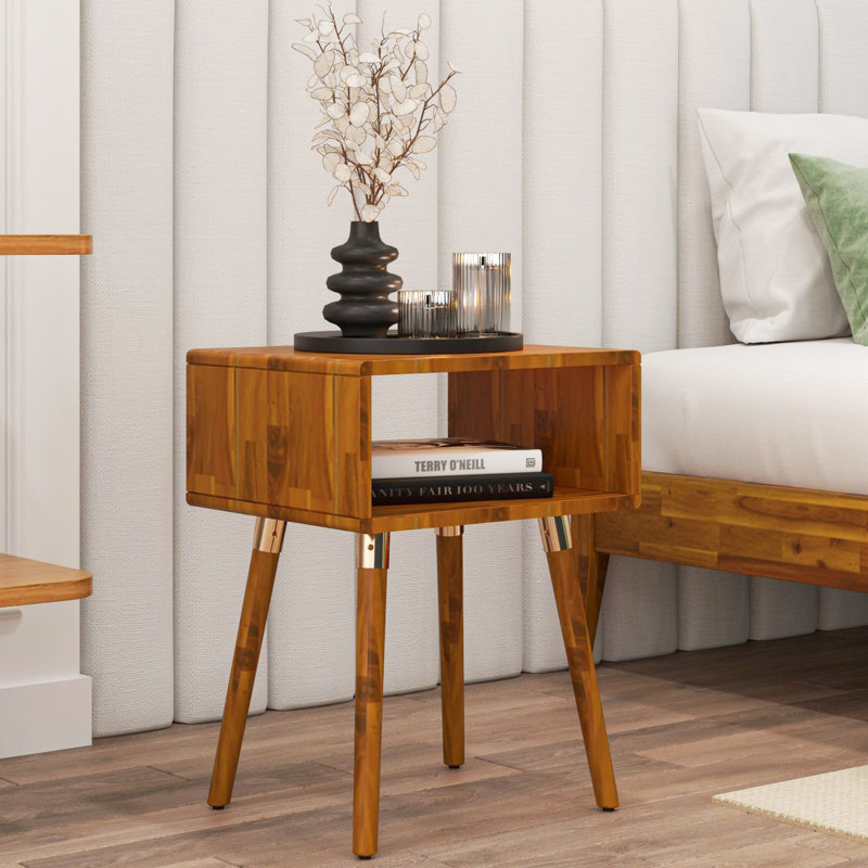 Finney Solid Acacia Wood Nightstand, Mid Century Modern Side Table Bedroom with Storage, Caramel