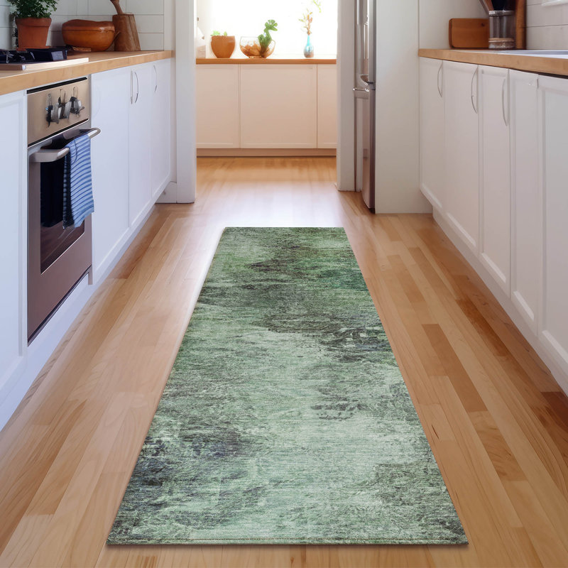 Premium Machine Washable Cerrito AMF592 Green Rug, Runner 2'3" x 7'6"