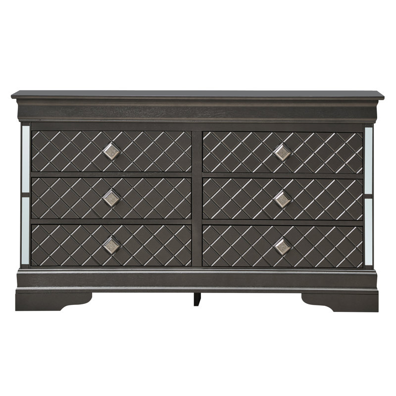 Commode G6702-d - Panneau de particules noir avec détails argentés texturés et tiroirs en queue d'aronde