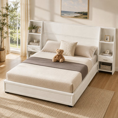 King Size Platform Bed Frame with All-in-One Storage Headboard, Low-Profile Glossy Velvet Upholstered Bed with Built-in Nightstand Shelves & Drawers