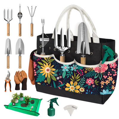 22Pcs Gardening Tools Set For Women Heavy Duty Garden Hand Tool Kit Gardener Gifts For Beginner Gardening Accessories With Tote Bag/Shovel/Repotting Mat/Plant Labels/Gloves-Black