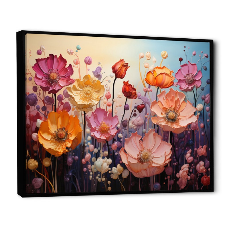 Fleurs éternelles mauves, fleurs jaunes et éternelles - impression sur toile florale, 30" H x 40" W, Cadre flottant noir