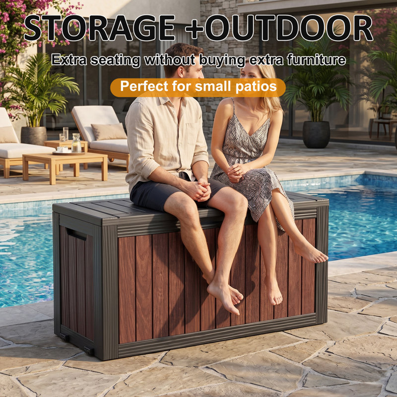 100 Gallon Resin Deck Box, Cognac Walnut Wood‑Look Polypropylene Outdoor Storage Box