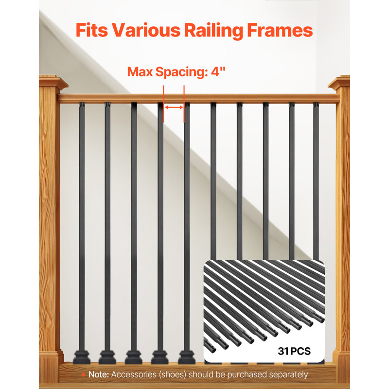 Paquet de 31 barreaux d'escalier, balustres d'escalier en acier au carbone durable de 44 po, rampe intérieure carrée en métal à 0,5 broche, balustrade creuse anti-corrosion avec trous pré-percés, noir mat