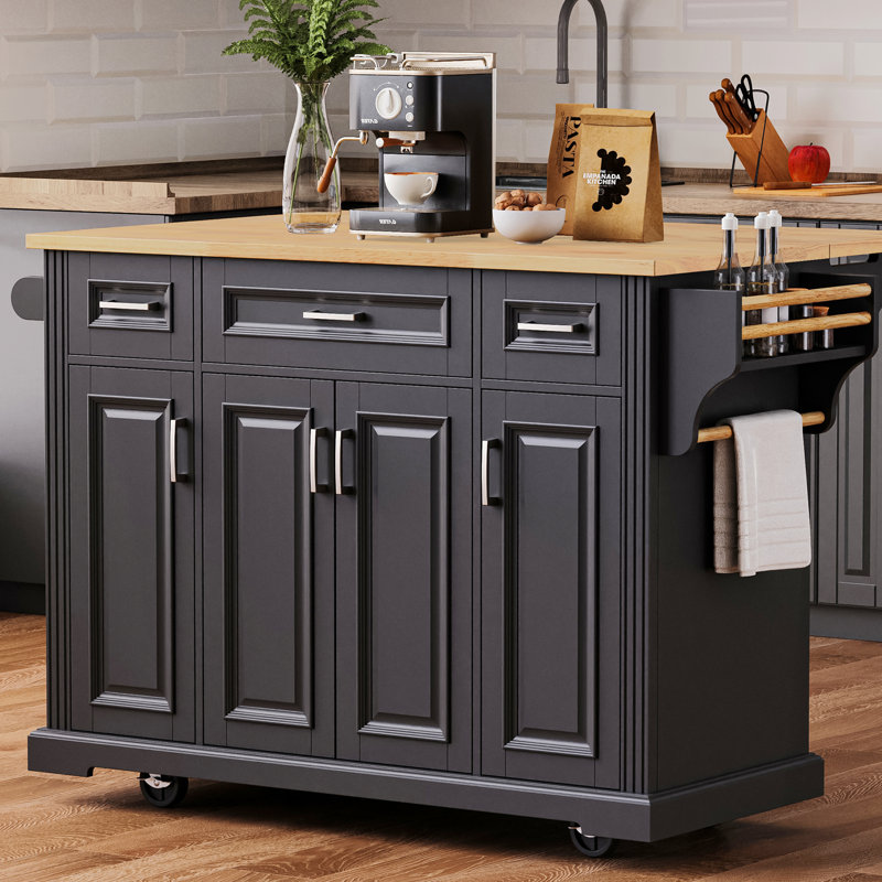 54" Large Rolling Kitchen Island With Drop Leaf, Mobile Kitchen Island With 4 Doors And 3 Drawers, Wooden Kitchen Cart On Wheels For Kitchen, Dining Room, Black