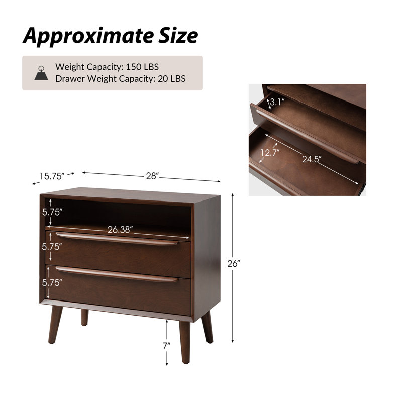 Bobbi Midcentury Modern 28''W 2-Drawer End Table with Charging Station and Open Shelf, Walnut