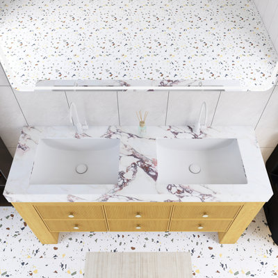 Meuble-lavabo double autoportant 60 po avec plateau en pierre frittée et lavabo en céramique 60 po