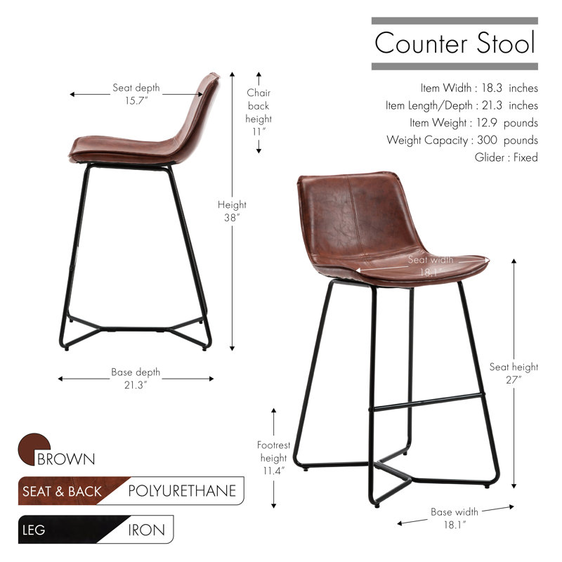 Avri Faux Leather Bar Stool, Brown, Counter Stool (27" Seat Height)