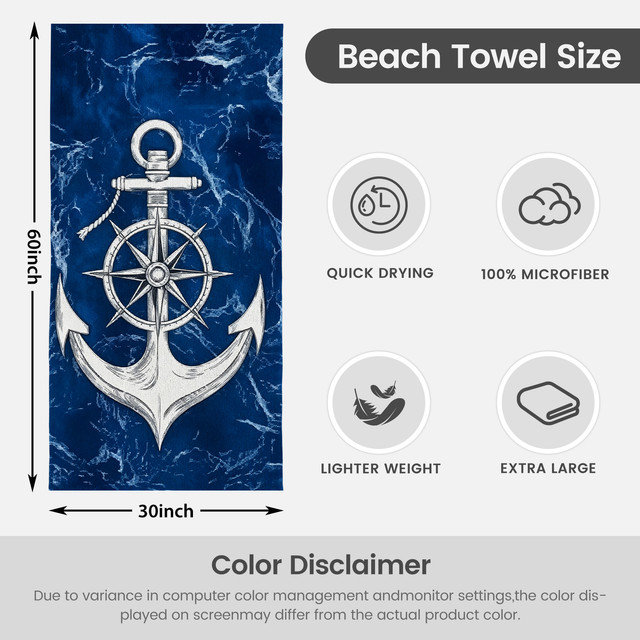  Serviette de plage légère en microfibre, absorbante sans décoloration, 30 po x 60 po, bande d'ancrage nautique