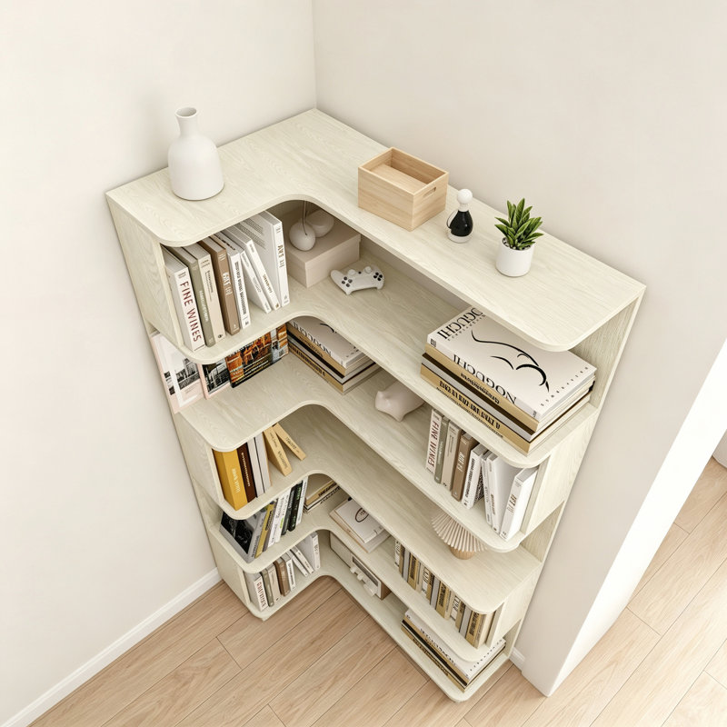 Bibliothèque d'angle en L à 5 niveaux, 90 cm de hauteur, avec panneau anti-chute et structure en bois anti-basculement.
