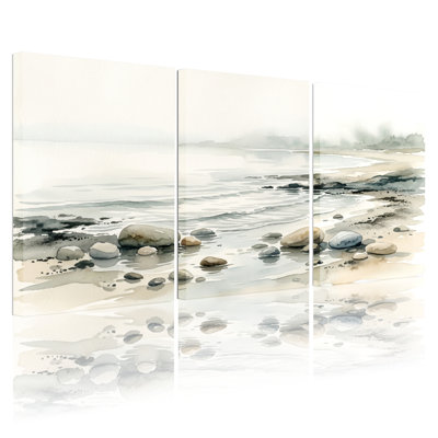 Seaside Stones Art Canvas Wrapped Wall Art Oil Painting Print Set Of 3 For Living Room Bedroom Home Decor