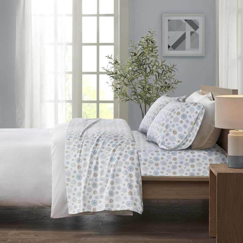 Cozy Flannel 100% Cotton Sheet Set, Tan/Blue Snowflakes, Twin XL Sheet Set with 1 Pillowcases