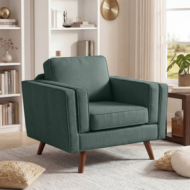 39.3'' Wide Upholstered Accent Chair With Solid Wood Legs, Green Chenille