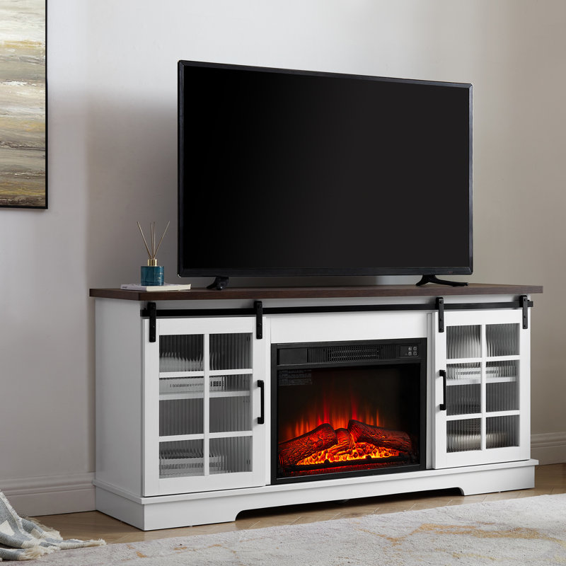 Meuble télé 65 po avec portes coulissantes et foyer, blanc et brun, bureau pratique avec foyer de 23 po - s'adapte à la télévision et offre un grand espace de travail