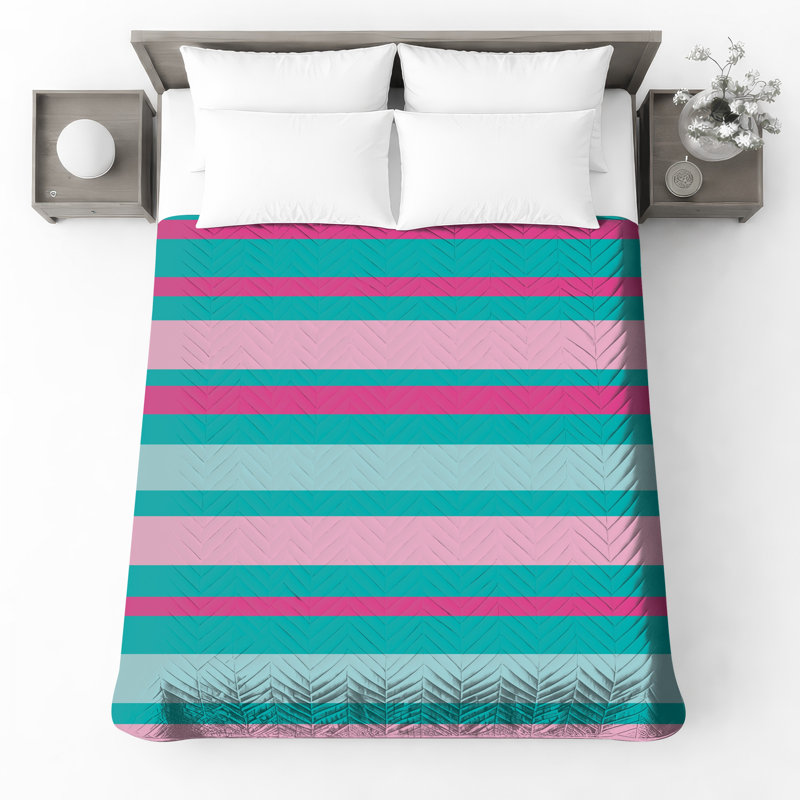 Pink Teal Stripes Quilted Bedspread All Sizes, Queen
