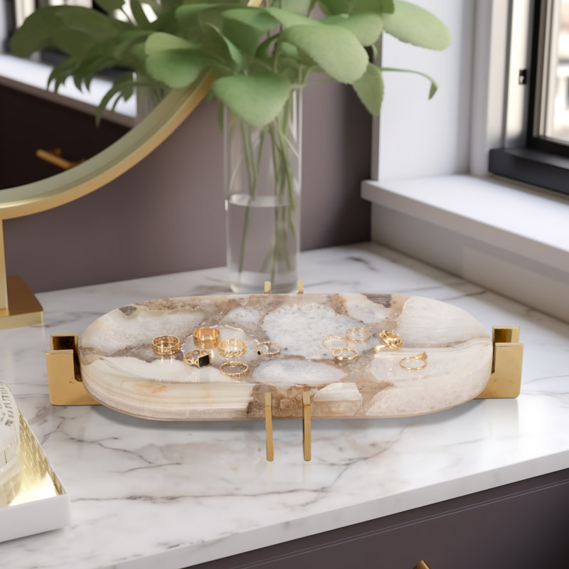 14" Komi Agate Oval Tray, White and Gold