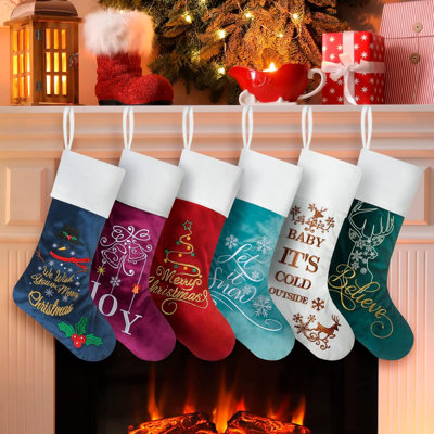 Paquet de 6 bas de Noël en velours de luxe, bas de Noël à motifs brodés de grande qualité, décorations de Noël classiques pour fête de Noël en famille