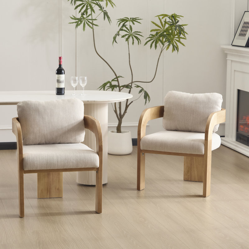 Demars Modern Rustic Upholstered Dining Chairs With Curved Arms, Natural, Beige