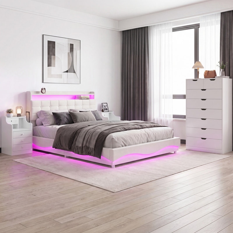 Ensemble de chambre à coucher rembourrée 3 pièces, blanc, White