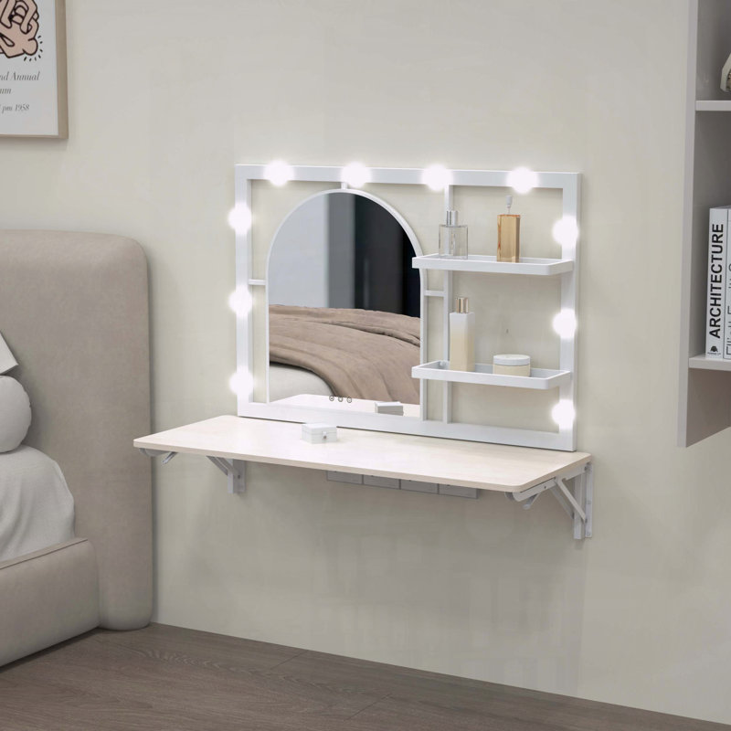 Floating Wall Mounted Makeup Vanity with Arched Mirror,12 LED Bulbs & 4 Metal Shelves