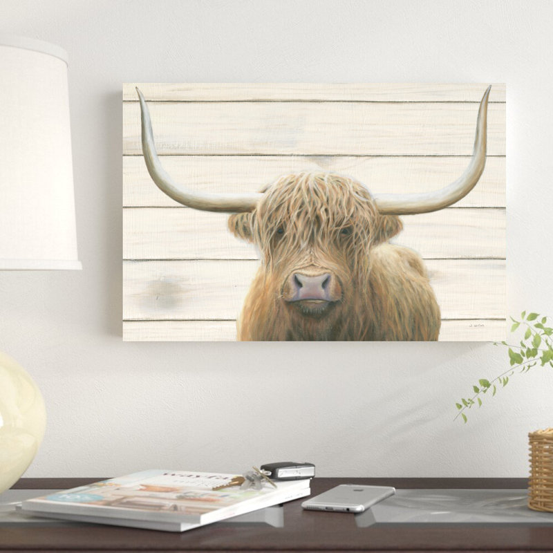 «Highland Cow Shiplap V2» par James Wiens, reproduction d'art sur toile tendue, H 12 po x l 18 po