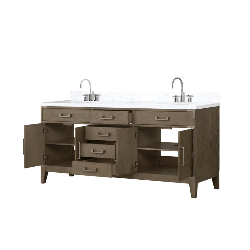 Meuble-lavabo double en chêne gris 72 po X P 22 po D, dessus en marbre de Carrare et ensemble de robinet, Gris