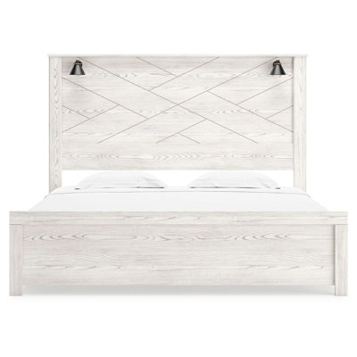 Très grand lit à panneau Hara avec 2 appliques murales, bois gris-blanc rustique clair