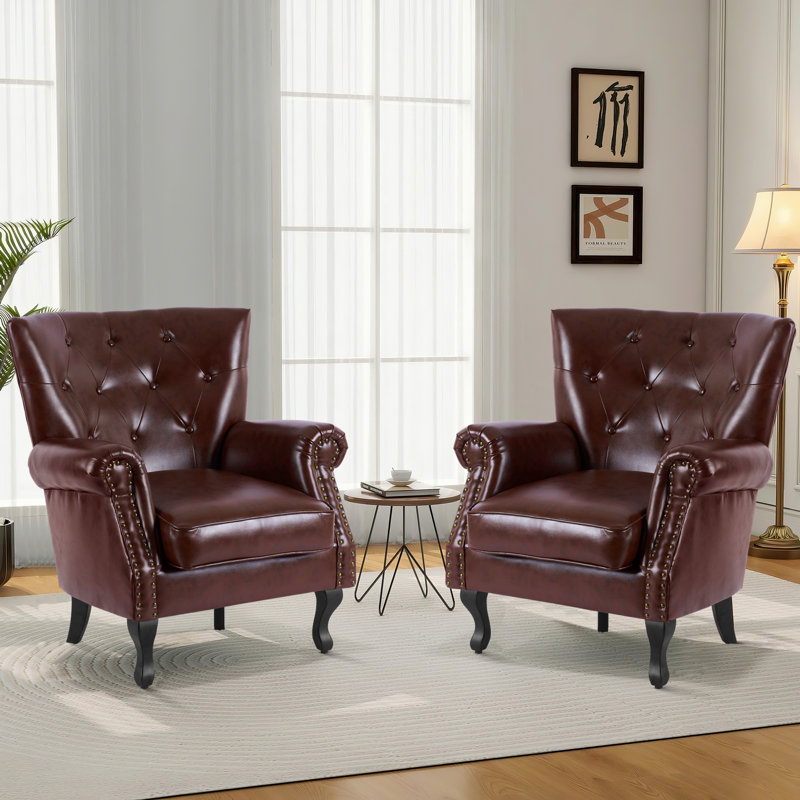 24"W Faux Leather Wingback Chair, Reddish Brown Faux Leather