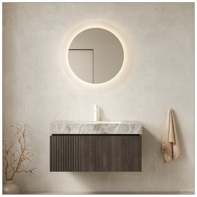 Meuble-lavabo de salle de bain 36 po MURI, armoire de rangement en contreplaqué flottant avec tiroir et porte, plateau en pierre frittée gris clair et lavabo en céramique avec 1 trou de robinet pré-percé, pré-assemblé, couleur grain de bois espresso