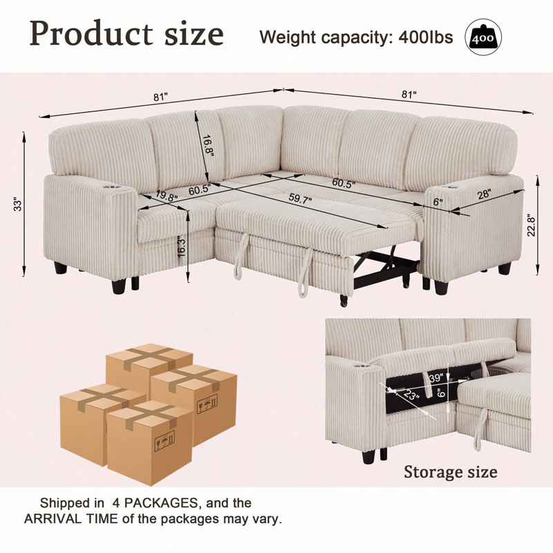 Canapé-lit modulaire en L avec lit escamotable et rangement, canapé-lit 5 places avec chargement USB, conception convertible pour salon, appartement, tissu en velours côtelé
