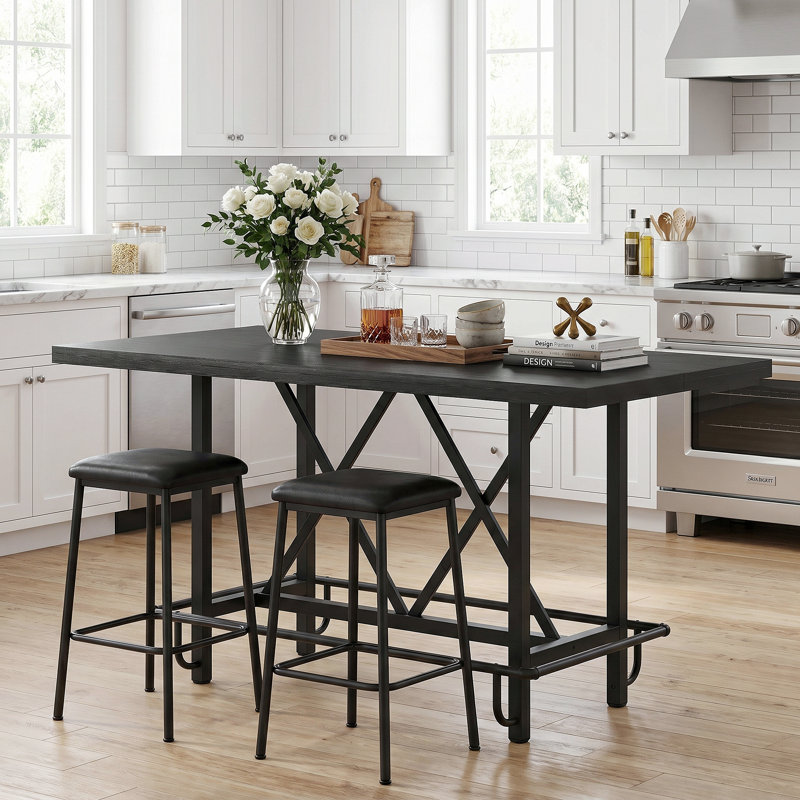 Table de salle à manger à hauteur de comptoir avec repose-pieds en métal Bochini L 62,99 x l 31,49, Noir