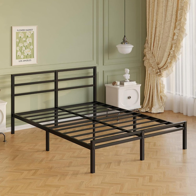 Lit plateforme en métal Queen avec tête et pied de lit, style classique, rangement sous le lit, support robuste, conception silencieuse, montage facile, noir