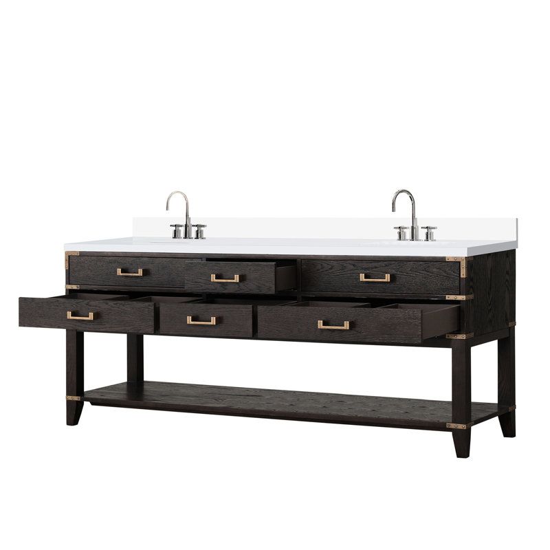 Meuble-lavabo double en chêne brun l 80 po x P 22 po, comptoir et robinet en quartz blanc à fermeture en douceur, capacité de rangement abondante avec quatre tiroirs et une tablette d'armoire ouverte.