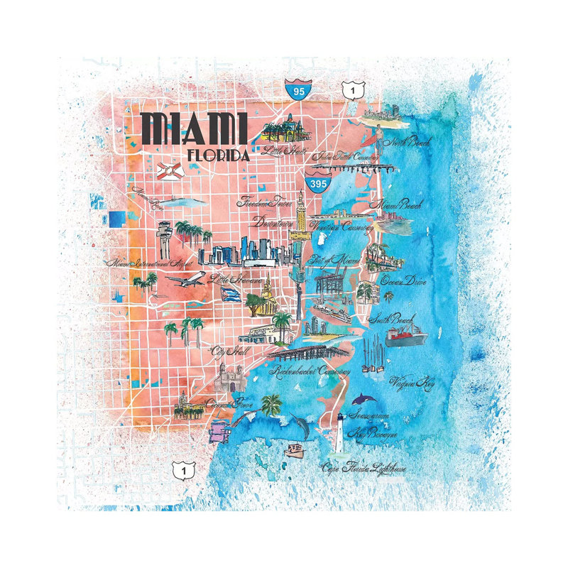 Miami Florida Illustrated Map by Markus & Martina Bleichner - Wrapped Canvas Print, 66.04 cm H x 66.04 cm W x 1.91 cm D