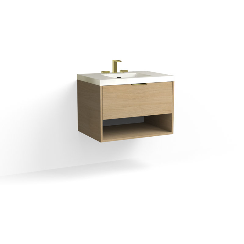 Modo 30" W Wall Mounted Single Bathroom Vanity, Glossy White/Single, Satin Brass, Nocino