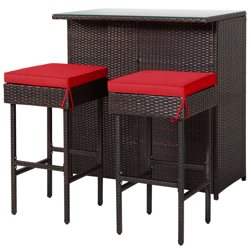 Ensemble de 3 tables de bar en rotin avec 2 tabourets coussinés turquoise, Rouge, H 41,5 po x l 40 po x P 24 po
