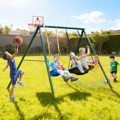 Swing Sets for Backyard, 7-in-1 Kids Swing Set and Saucer Swing, Outdoor 440lbs Heavy Duty Metal Frame Stand, Basketball Hoop and Soccer Goal, Toddler Playset for Backyard, Playground