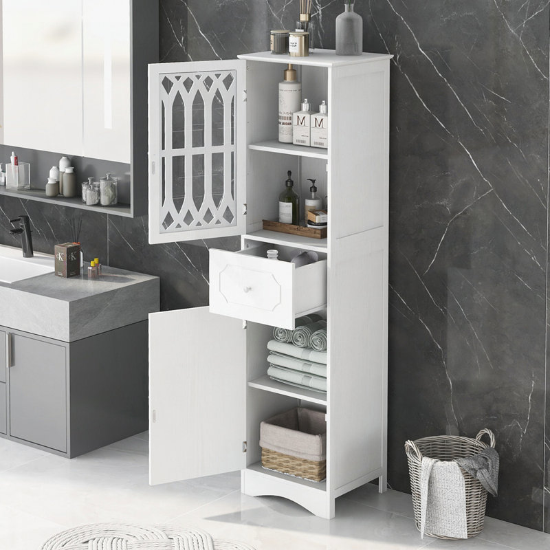Grande armoire de salle de bain autoportante avec tiroir, portes et tablette réglable pour un rangement efficace et une conception moderne