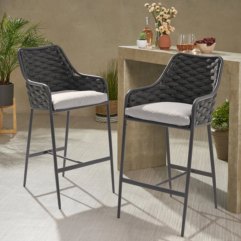 Tabourets de bar d'extérieur avec coussins, Blanc / gris foncé