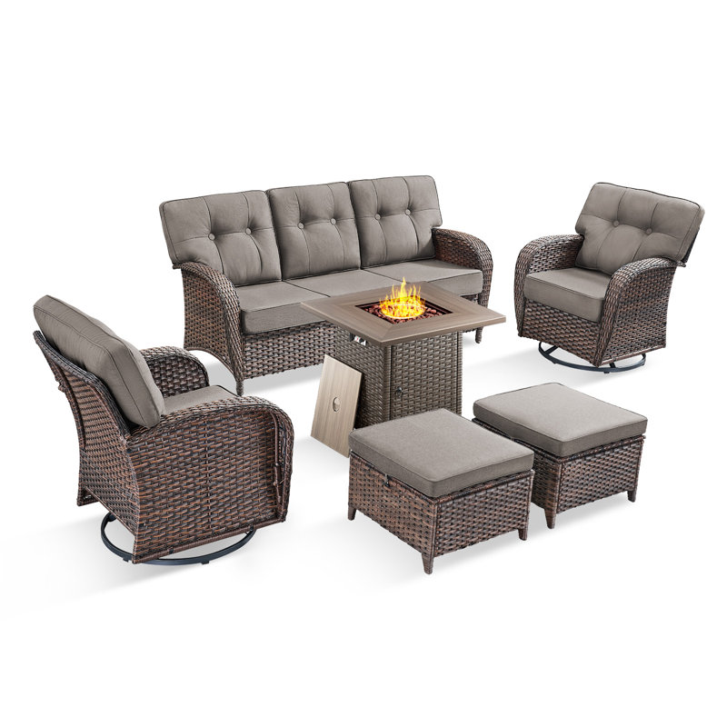 Fiorillo 6-Piece Wicker Rattan Patio Conversation Set With Square Fire Pit Table And Swivel Chairs, Gray